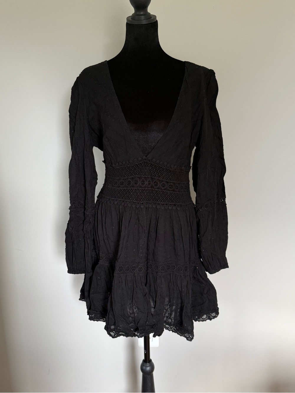 Free People Black Long Sleeve V-Neck Mini Dress